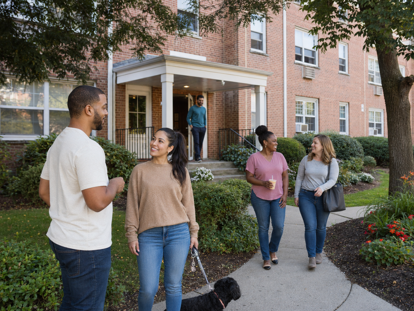 Residents outside a welcoming Connecticut apartment building